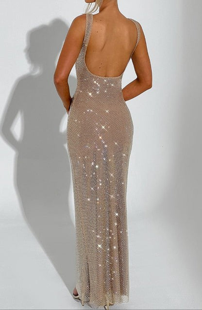 Auriel Gold Crystal Maxi Dress