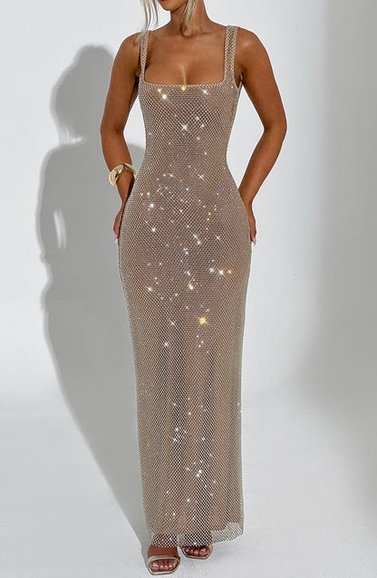 Auriel Gold Crystal Maxi Dress