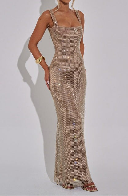 Auriel Gold Crystal Maxi Dress