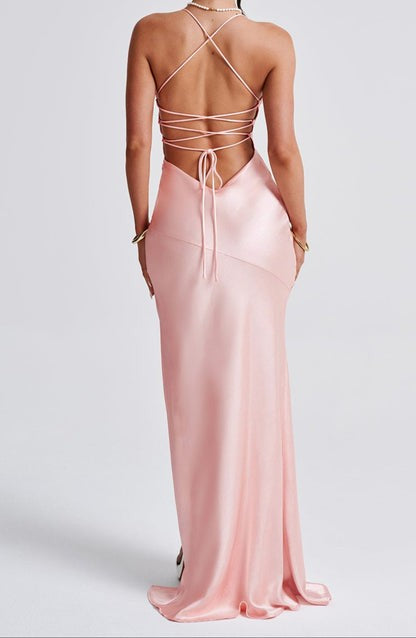 Isobel Blush Satin Lace-Up Maxi Dress
