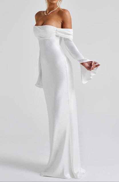 Selene Ivory Bardot Satin Maxi Dress