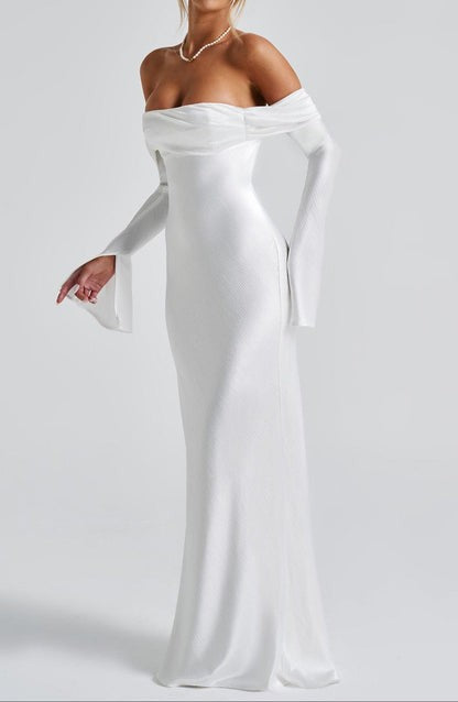 Selene Ivory Bardot Satin Maxi Dress