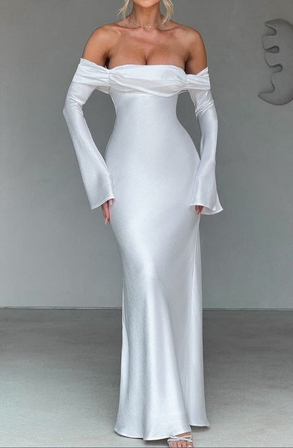 Selene Ivory Bardot Satin Maxi Dress