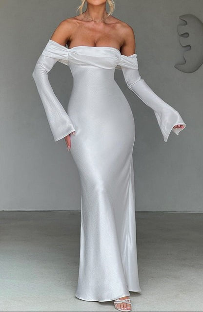 Selene Ivory Bardot Satin Maxi Dress