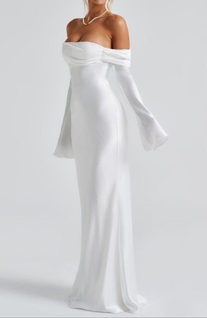 Selene Ivory Bardot Satin Maxi Dress