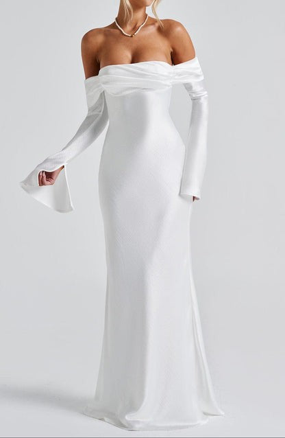 Selene Ivory Bardot Satin Maxi Dress