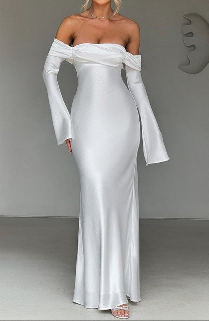 Selene Ivory Bardot Satin Maxi Dress